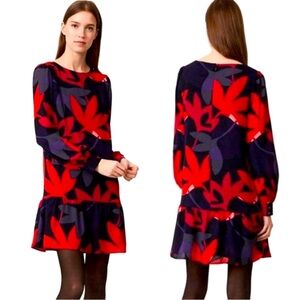 LOFT Mini Dress Floral Red Gray Blue Modest Long Sleeve Drop Waist Size XS